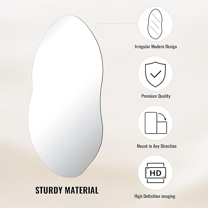 Irregular Wall Mirror, 38 x 22 Inch Asymmetrical Frameless Mirror for Bathroom, Living Room, Bedroom, Modern Abstract Vanity Mirror with Shatter-Proof Glass