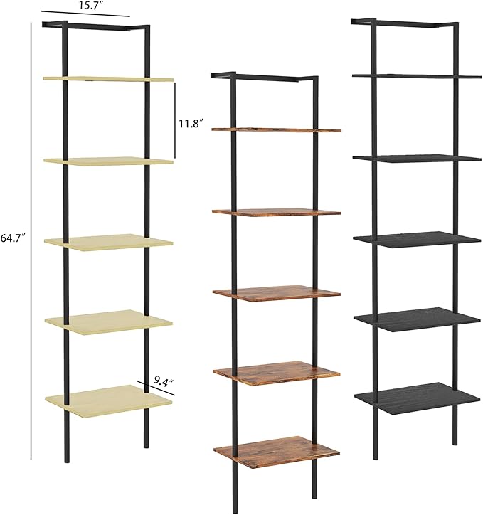 5-Tier Ladder Shelf, Wall Mounted Ladder Bookshelf with Metal Frame, Wood Tall Open Storage Rack and Display Shelves for Home Office Bedroom Living Room, Light Oak
