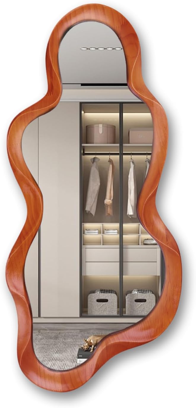 30"x 14" Irregular Wall Mirror, Wooden Walnut Framed Wall Asymmetrical Wavy Wall Mirror for Living Room Bedroom Entryway Bathroom Modern Decorative Mirror with Hanging Hooks