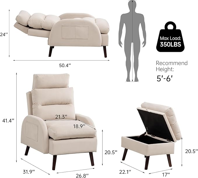 HCHAIRH Accent Chair with Ottoman, Comfy Reading Chair and Ottoman Set, Modern Oversized Lounge Armchair with Adjustable Backrest for Living Room Bedroom, Velvet Khaki