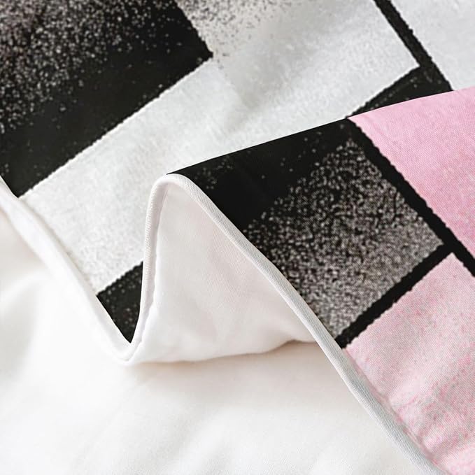 Erosebridal Pink and Black Bedding Set Full Modern Square Geometric 100% Cotton Duvet Cover Mid Century Minimalist Abstract Comforter Cover for Kids Teens Adults Contemporary Stripes Bed Set 3 Pcs