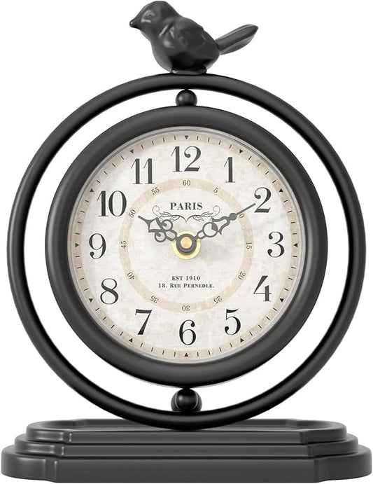 Black Vintage Table Clock with Bird, European Retro Style Mantel Clocks, Desk and Shelf Decor Clock, for Living Room, Farmhouse, Bedside, Bedroom, Gift (7.9" H x 6.3" W)
