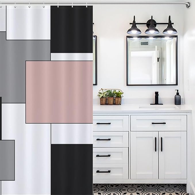 Retro Geometric Shower Curtain,Pink Black Modern Geometry Minimalist Neutral Design Bathroom Curtain Polyester Waterproof Fabric Decor 72x72in（183x183cm）