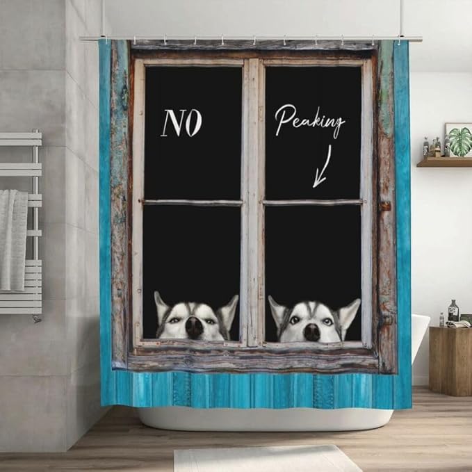 Funny Dog Shower Curtain Blue Rustic Farmhouse Wooden Country Lovely Animal Pet Pattern Duty Fabric Shower Curtains Set Bathroom Polyester Waterproof with 12 Hooks, 55x72Inch（140x183cm）