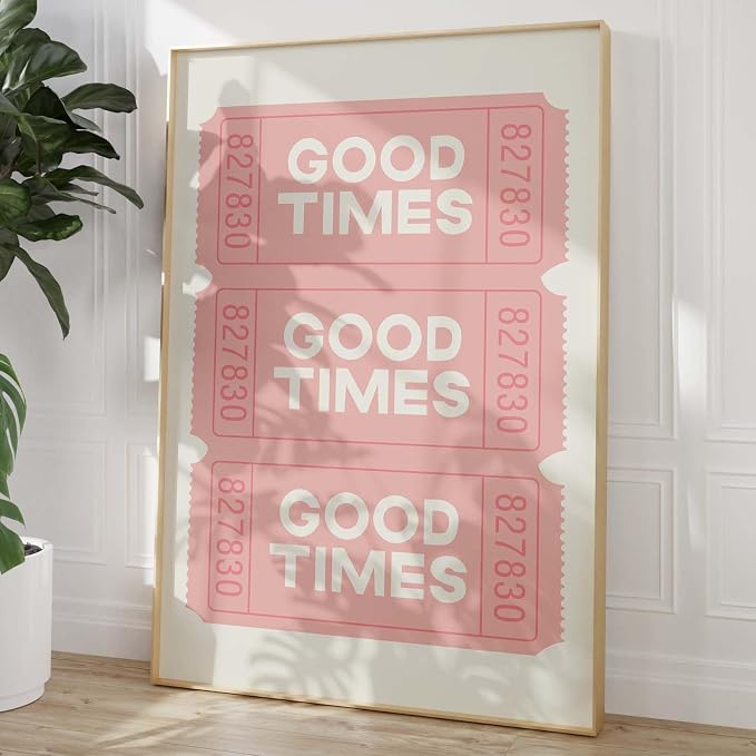 Good Times Ticket Wall Art Pink Retro Poster Bar Cart Prints Pink White Painting Pink Trendy Pictures Ticket Poster Beige Modern Wall Art Preppy Aesthetic Paintings for Living Room 16x24in Frameless