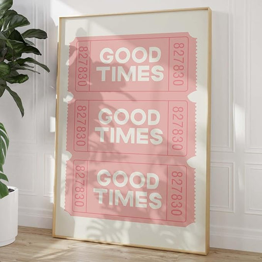 Good Times Ticket Wall Art Pink Retro Poster Bar Cart Prints Pink White Painting Pink Trendy Pictures Ticket Poster Beige Modern Wall Art Preppy Aesthetic Paintings for Living Room 16x24in Frameless