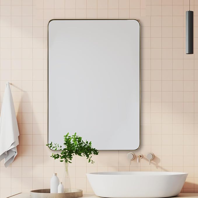 ANDY STAR Gold Bathroom Mirror for Wall, 20x28” Brushed Brass Metal Rounded Corner Rectangle Mirror, Wall Mirror in Stainless Steel Metal Frame, 1" Deep Set Design Hangs Horizontal Or Vertical