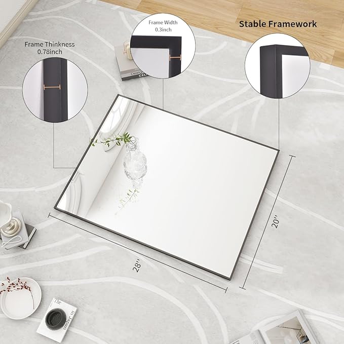 BEAUTYPEAK Black Bathroom Wall Mirror - 20" x 28" Rectangular Mirror with Metal Frame, Hangs Horizontal or Vertical for Living Room Bedroom Bathroom Entryway