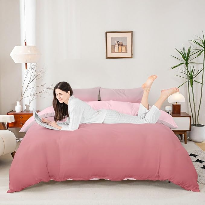 Erosebridal Ombre Blush Pink Comforter Cover Queen Girly Pastel Pink Bedding Set for Kids Teens Princess Gradient Bedspread Cover Aesthetic Dreamy Bed Set with Zipper