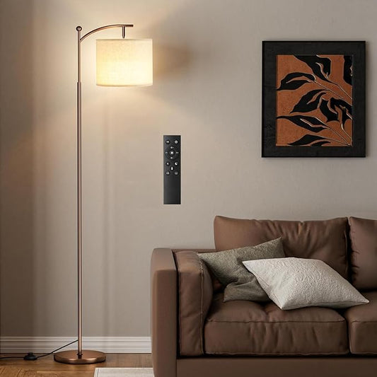 Ambimall 60" Floor Lamp with Remote Control and Stepless Dimmable Bulb, Colors Temperature & Brightness Adjustable, Modern Floor Lamps for Living Room, Beige Shade & Brown Pole