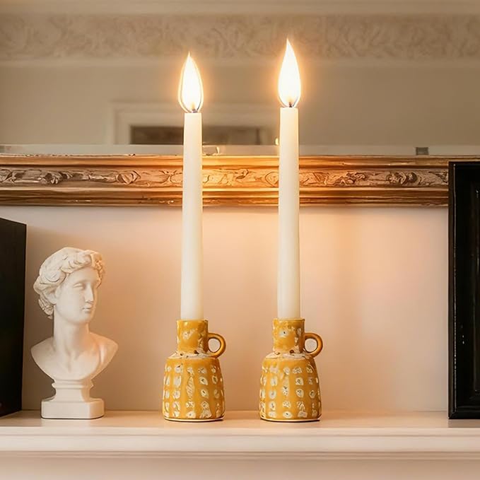 Ceramic Taper Candle Holder Decoration - Set of 2 Candlesticks with Handle Boho Style Candle Burning Display Holder for Coffee Table Centrepiece Living Room Farmhouse Vintage Tabletop Decor Cynkeyee