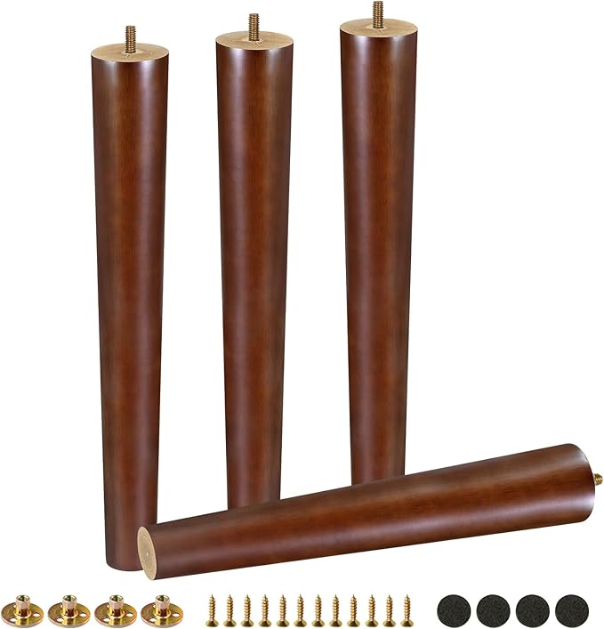 FoDau770 Brown Rubber Wood Furniture Legs 16 Inches, Straight Tapered Wood Feet Mid Century Sofa Legs Set of 4, 5/16" UNC Furniture Feet for Cabinet Couch Dresser Chair Ottoman Table