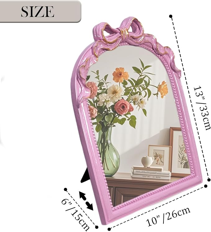 Pink Bow Mirror - 13x10 Inch Elegant Decorative Accent, Wall-Mounted & Tabletop Makeup Mirror for Bedroom Decor