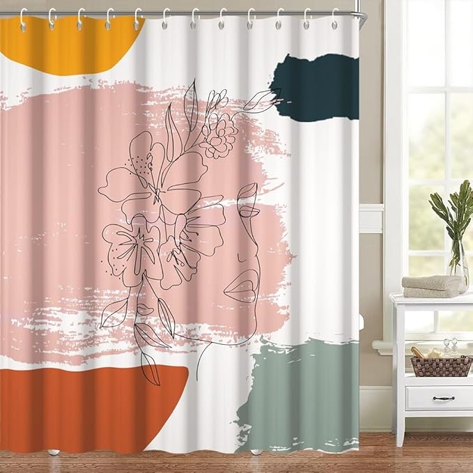Boho Abstract Line Art Shower Curtain Modern Minimalist Bathroom Decor Floral Woman Face Abstract Color Block Chic Aesthetic Bathtub Curtains Washable Waterproof Polyester Fabric with Hooks 72x78 Inch