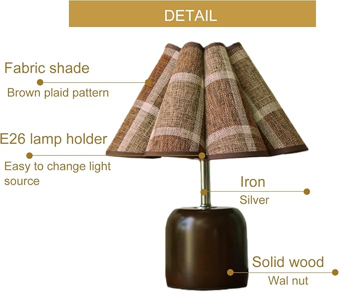 Small Plaid Pattern Table Lamp for Bedroom, Bedside Lamps for Nightstand, Desk Lamp Solid Wood Base Walnut Fabric Shade for Living Room, Kids Room, Bulb Not Included (Mid-Century Modern) (Walnut)