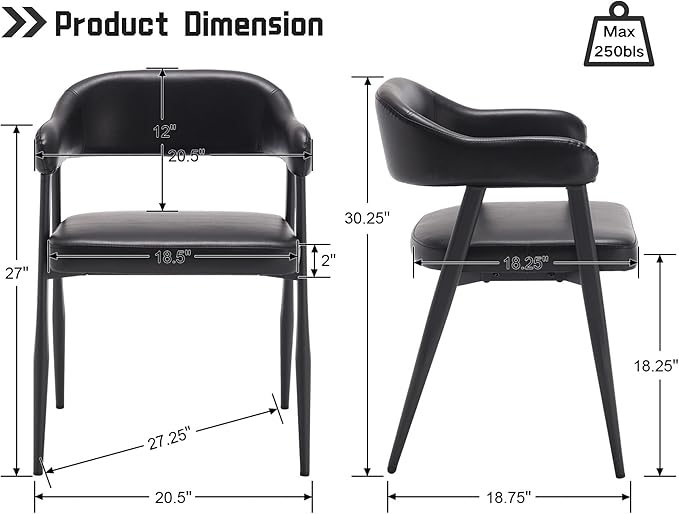 HNY Modern Dining Room Arm Chairs Set of 6, Retro Faux Leather Upholstered Barrel Dining Chairs with Arms Mid-Century Black Accent Chair with Metal Legs, Open-Back Kitchen Side Chair for Living Room