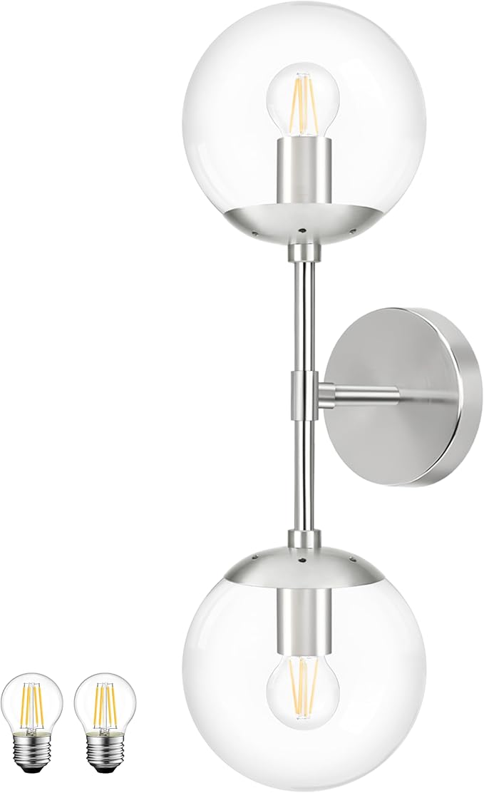 KoKo&Yukina Nickel 2 Light Vanity Light Fixtures Mid Century Modern Bathroom Vanity Light Globe Sconce with Clear Glass for Bathroom Bedroom