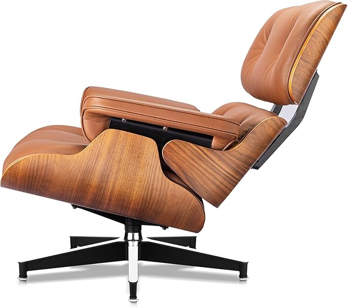 Mid Century Chaise Lounge Chair and Ottoman, Reading Chair, Leather Accent Chair, Modern Chair, Classic Design, Heavy Duty Base Support for Living Room Lounge Office (Walnut-Brown, Upgraded)