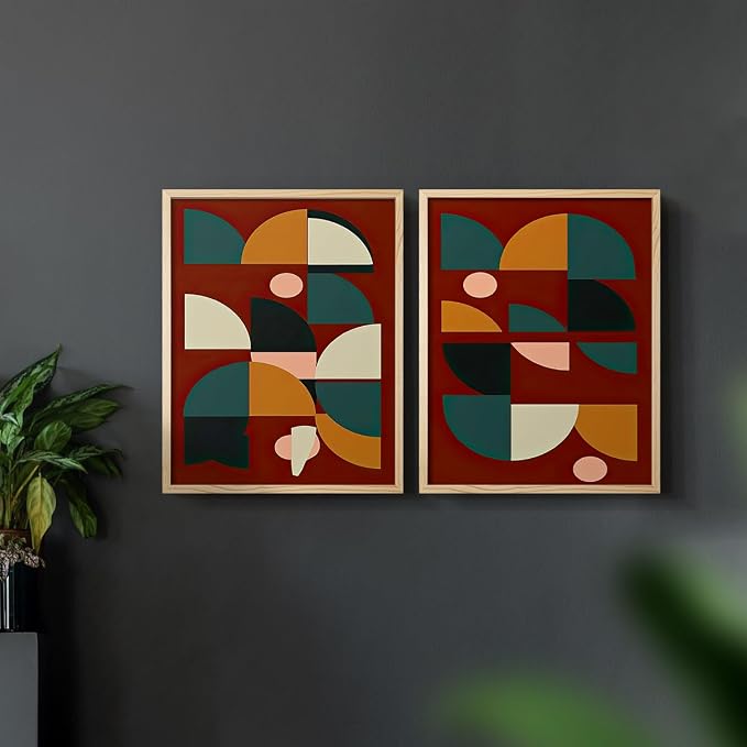 Renditions Gallery Set of 2 Peel & Stick Framed Prints, Mid Century Abstract Wall Art, Modern Geometric Shapes Wall Decor, Re-Stickable - Ready to Hang - 11"x14" - NATURAL WOOD Frame LT588