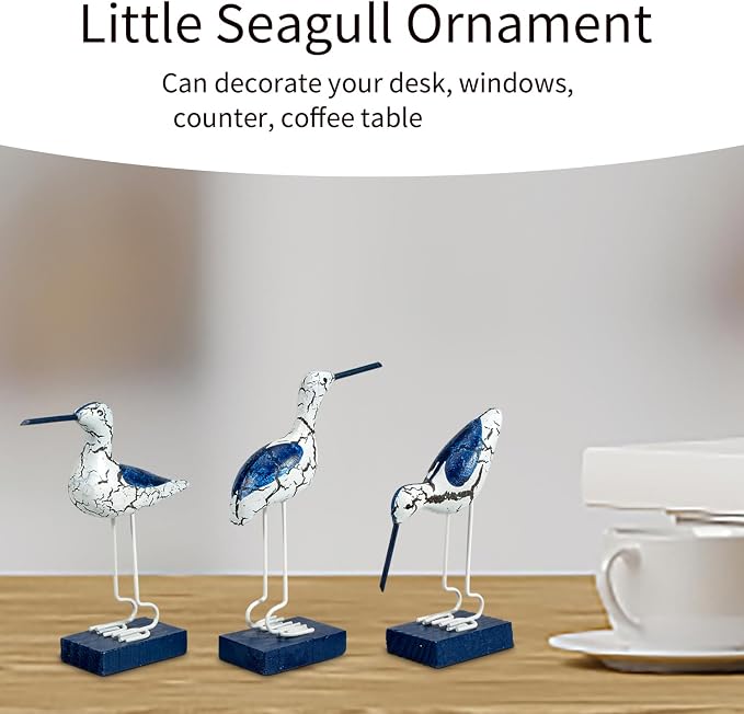 3Pcs Wooden Coastal Decor, Bird Figurines Nautical Decor for Home,Table,Balcony,Garden, Beach Outdoor Decor