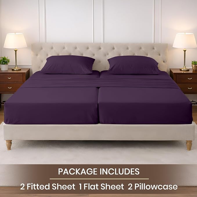 SGI Split King Sheet Set for Adjustable Bed Egyptian Premium Cotton 600 Thread Count Sheets for Sleep Number Bed 15" Deep Pocket 5 Pc Set with 2 Twin XL Fitted Sheets Soft Breathable -Plum