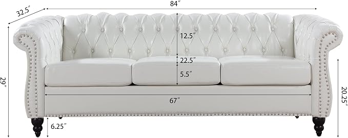 LEVNARY Chesterfield Sofa, Classic Tufted Upholstered Leather Couch, Modern 3 Seater Couch Furniture with Tufted Back for Living Room Office (Cream White)