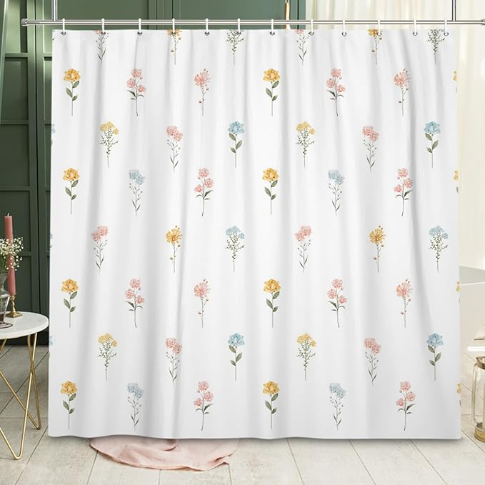 Floral Extra Long Shower Curtain, Wildflower Botanical Plant Leaves Cute Flower Spring Herbs Elegant Waterproof Fabric Machine Washable for Bathroom Bathtub Decor with Hooks 72Wx78H