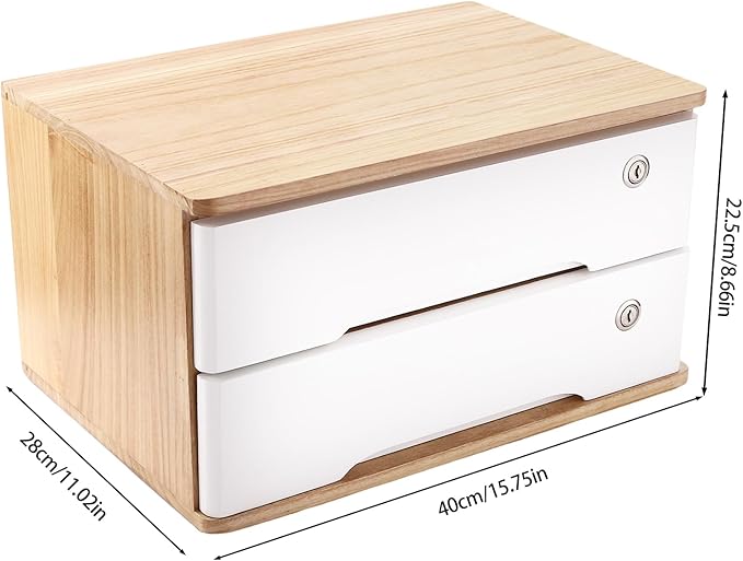 Wooden Desk Organizer with Drawers & Lock Desktop Storage Cabinet Tabletop Organizing Unit for Home Office Supplies File Stationery Jewelry (Light Brown, 2 Tiers)