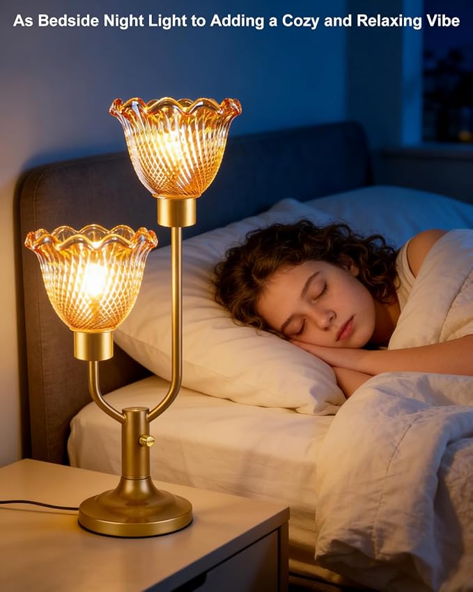 Lightdot Gold Table Lamp for Bedroom Dimmable Mid Century Modern Flower Desk Lamp Amber Glass Vintage Nightstand Lamp 2 Bulbs Included Warmwhite Ambient Bedside Lamps for Living Room Home Office Decor