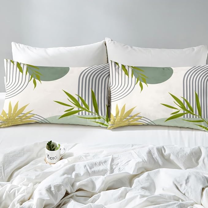 Erosebridal Abstract Modern Duvet Cover Queen for Kids Teens Adults,Botanical Minimalist Comforter Cover,Geometric Green Grey Bedding Set,Mid Century Aesthetic Bed Set 3 Pcs Bedroom Decor
