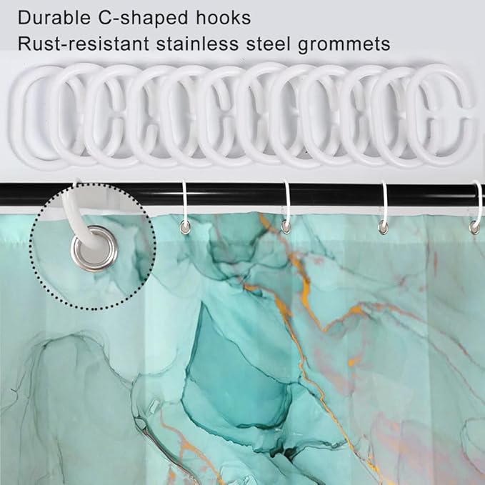 Turquoise Shower Curtain, Modern Teal Marble Shower Curtain for Bathroom Aesthetic Ink Texture Waterproof Shower Curtain Set with Hooks, 72x84 Inch