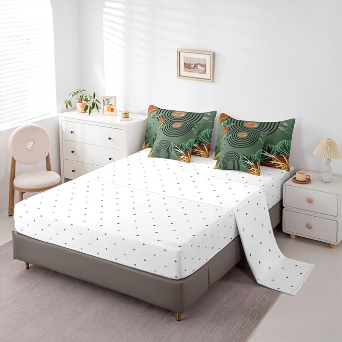 Erosebridal Mid Century Green Queen Comforter Set with Sheets 7 Piece Boho Minimalist Aesthetic Bed in A Bag Modern Plant Botanical Palm Leaf Bedding Sets Abstract Retro Geometric Neutral Bed Set