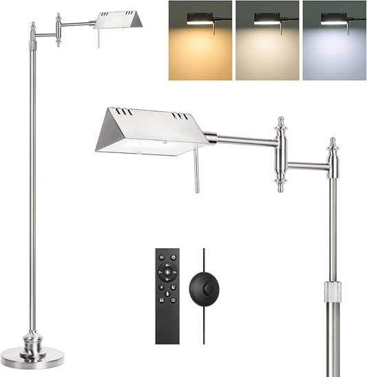 Dimmable Pharmacy Floor Lamp with Remote, 17W LED Reading Floor Lamp with 360°Swing Arm, 3 Color Temperature, Height Adjustable Silver Standing Task Lamp for Living Room, Bedroom, Brushed Nickel