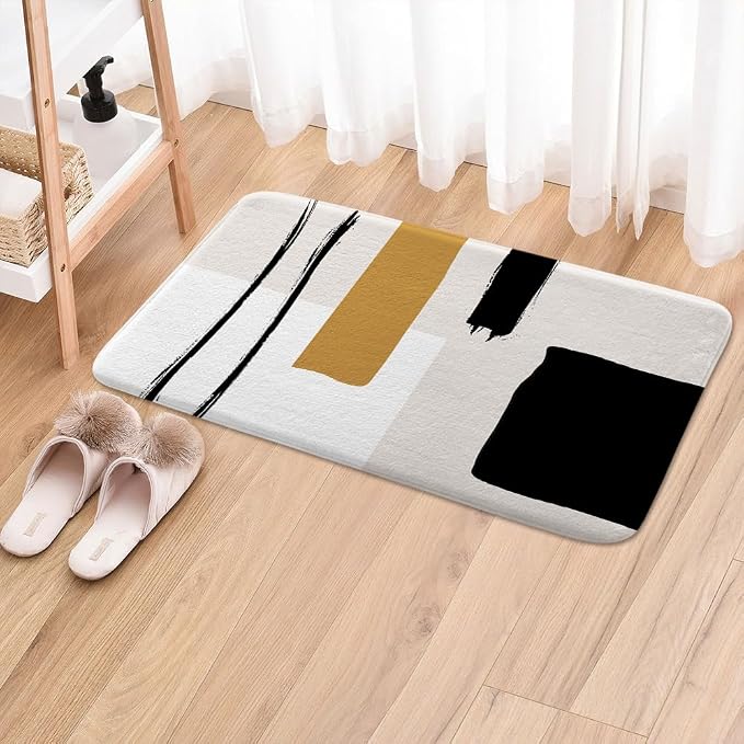Abstract Modern Bath Mats Rugs for Bathroom, Geometric Minimalist Black and White Flannel Bathroom Floor Mat Bath Shower Rug Non Slip, Beige Yellow Tan Doormat Mat Bathroom Accessories Decor 16X24inch