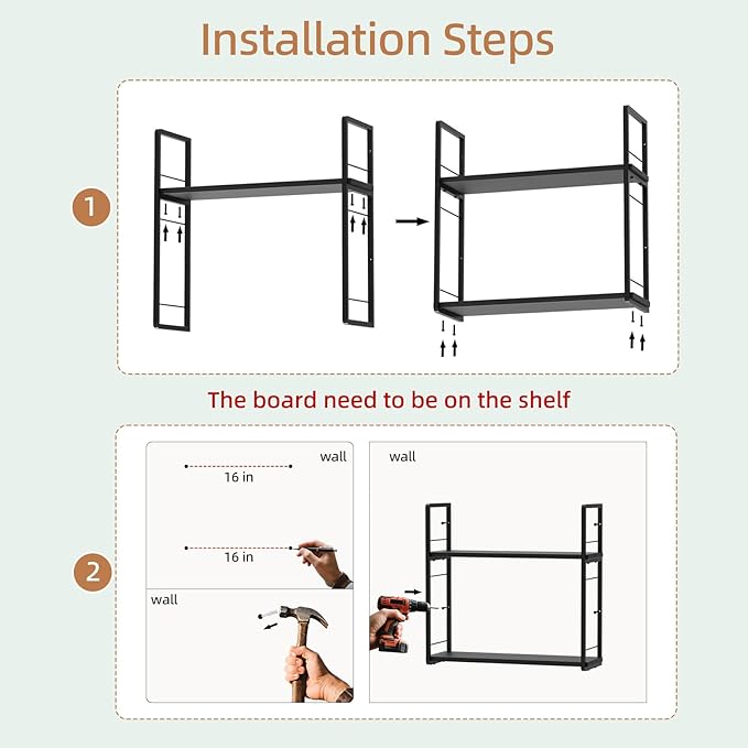 Floating Book Shelves for Wall, 2-Layer Wall Bookshelf for Book Storage, Space Saver, 16in Stud Hanging Shelf, Bedside Shelf for Living Room Bedroom Office, Black