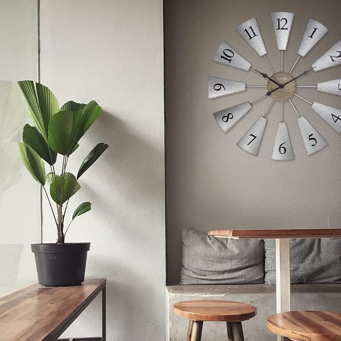 Presentime & Co. 24" Lorenzo Farmhouse DIY Windmill Clock, Indoor/Outdoor Clock, Silent no Ticking, Wall Décor, Wall Art and Timepiece for Home Decoration, Galvanized and Light Gray Oak Finish