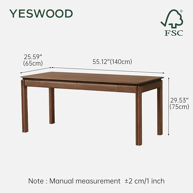 YESWOOD 100% Solid Wood Desk, Mid Century Modern Walnut Color Home Office Desk, Sturdy Computer Desk Writing Desk with 2 Drawers for Study Living Room 55.11" W