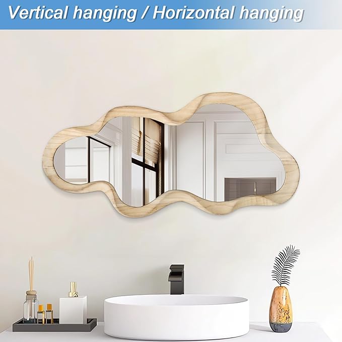Asymmetrical Mirror Large Irregular Wall Mirror Modern Wood Frame Unique Artistic Mirrors Cute and Stylish Cloud Wavy Mirror Decorative for Cloakroom Bedroom Living Room Bathroom Entryway