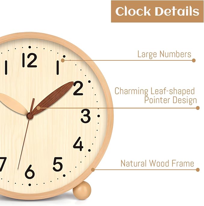 Maxspace Wooden Table Clock,8in Silent Non-Ticking Desk Clock,Battery Operated Desktop Analog Clock for Living Room Bedroom Kitchen Office Classroom Decor (Log - Log)