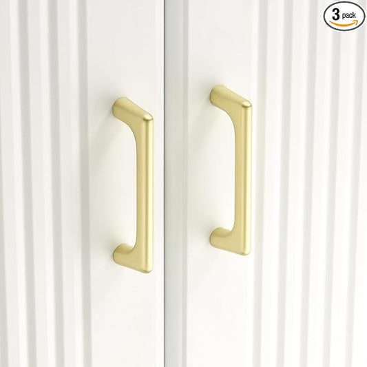 Lardmon 3 Pack Brushed Gold Modern Cabinet Pulls 3 Inch(76mm) Hole Center Timeless Drawer Pulls Vanity Pulls Classic Solid Kitchen Cabinet Handles Hardware for Dresser, 3.4 Inch(86mm) Total Length