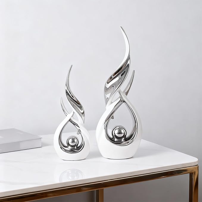DOVDOV 2-Piece Abstract White and Silver Home Decor, Ceramic Abstract Sculptures, Modern Art Pieces, Suitable for Room Coffee Tables, Office Bookshelves, Dining Table Centers, entryway Decor.
