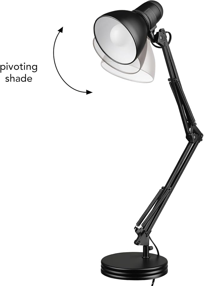 Globe Electric 5698601 28" Heavy Base Top Moving Spring Balanced Swing Arm Desk Lamp, Black, On/Off Rotary Switch on Shade, Office Decor, Reading Light, Home Essentials, Room Lighting
