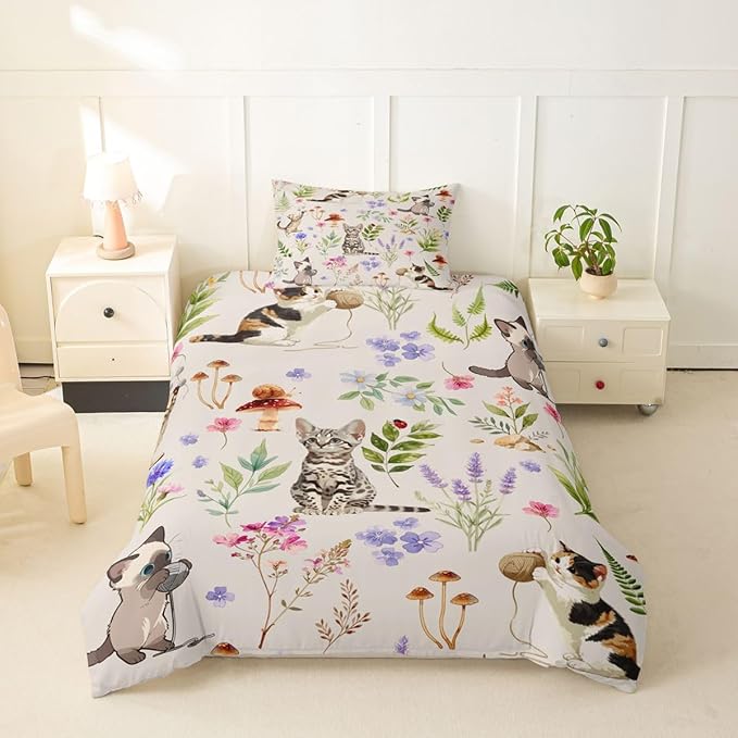 Erosebridal Cute Cat Toddler Bedding Set Kitten Cat Lovers Duvet Cover Cream Boho Watercolor Floral Comforter Cover for Kids Girls Boys Adults Funny Pet Animal Bed Set