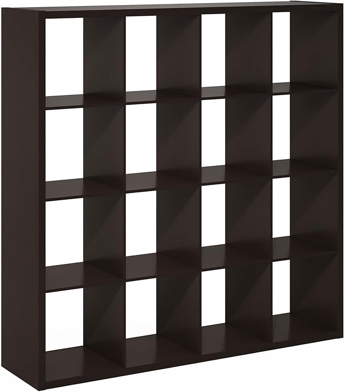 Furinno Cubicle Book Shelf, 16-Cube Bookshelf, Extra Thick Frame Reversible Bookcase with Open Back, 14.6" x 58" x 58", for Living Room, Bedroom, Home Office, Black Dark Oak
