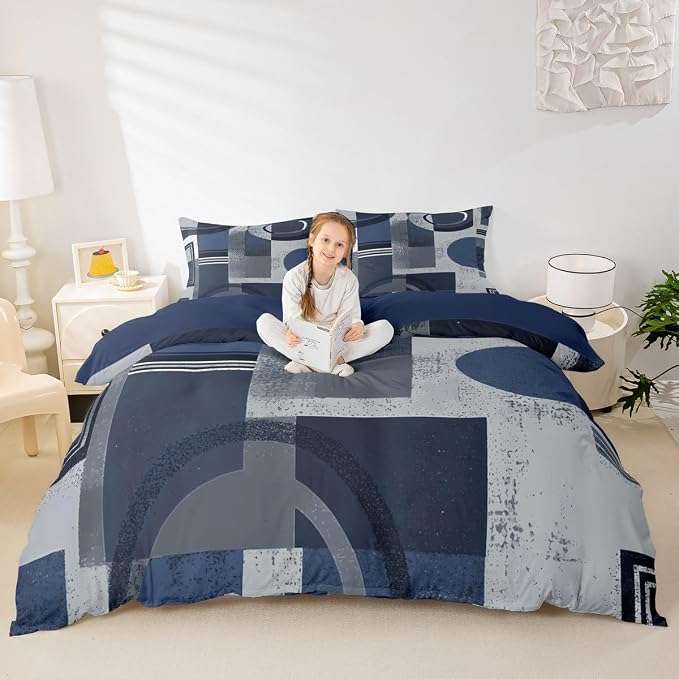 Abstract Striped Circle Duvet Cover Set Toddler Size,Aesthetic Retro Artwork Bedding Set,Boys Girls Room Decor,Geometric Graffiti Squares Comforter Cover,Navy Blue Quilt Cover,1 Pillowcase(No Filler)