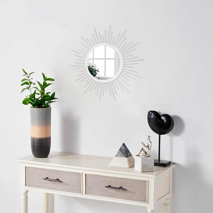 Wall Decor Spoked Sunburst Accent Wall Mirror Round Home Modern Metal Art Mirror for Bathroom Living Room Hallway Bedroom Balcony Farmhouse Entrance White 12"