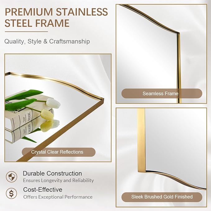 ANDY STAR 30"x48" Scalloped Mirror，Brushed Gold Rectangle Bathroom Mirror with Curved Edge Stainless Steel Metal Frame, Large Wall-Mounted Mirror for Bathroom, Entryway (Horizontal/Vertical)