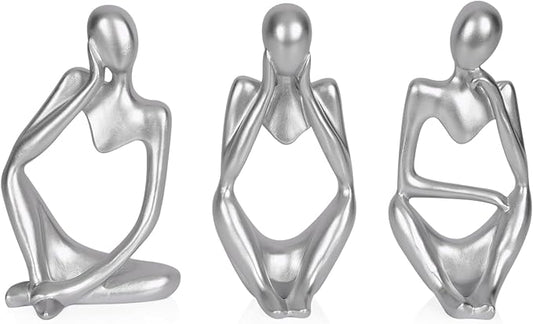 Sandstone Resin Thinker Style Abstract Sculpture Statue Collectible Figurines Home Office Bookshelf Desktop Decor (Small Silver, 3pcs)