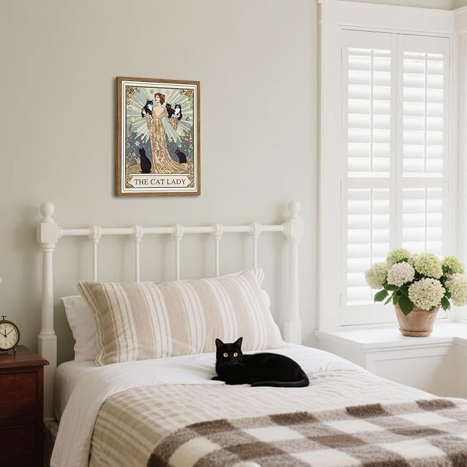Funny Cat Lady Tarot Card Wall Art Vintage Black Cat Woman Wall Decor Picture, Cute Animal with Girl Poster Painting Canvas Print for Bedroom Living Room 12x16 inch Wood Framed