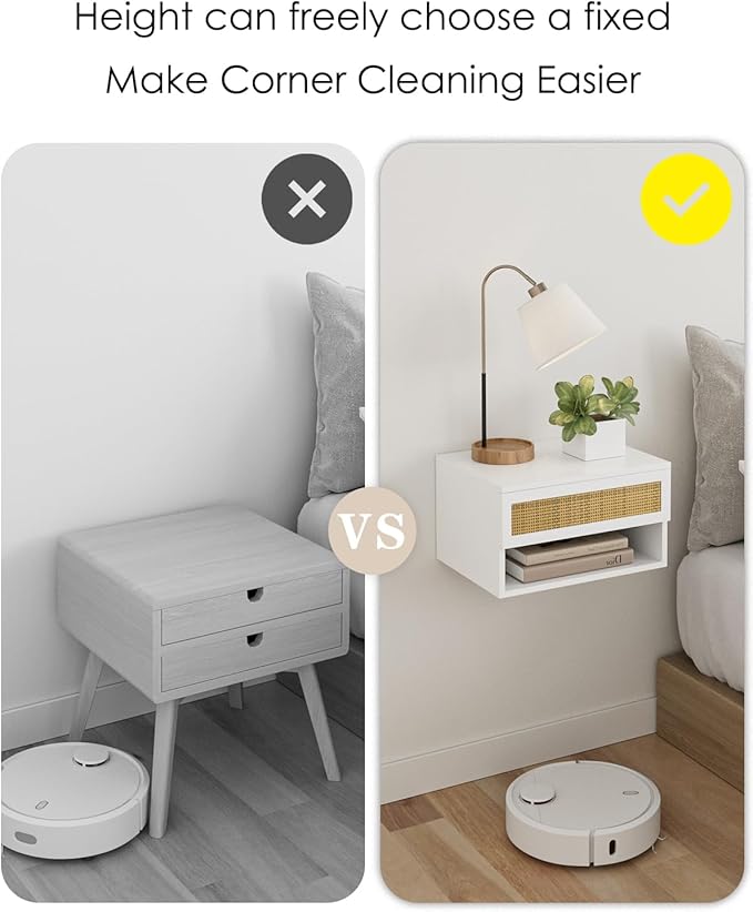 Small Modern Nightstand with Drawer, Floating Shelves for Bedroom, Bathroom (White Rattan)